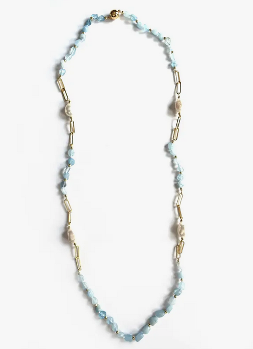 Sea- Neck- SH36- Aquamarine w/ Gold Beads, Gold Paperclip Chain- Freshwater Pearls- Magnetic Clasp