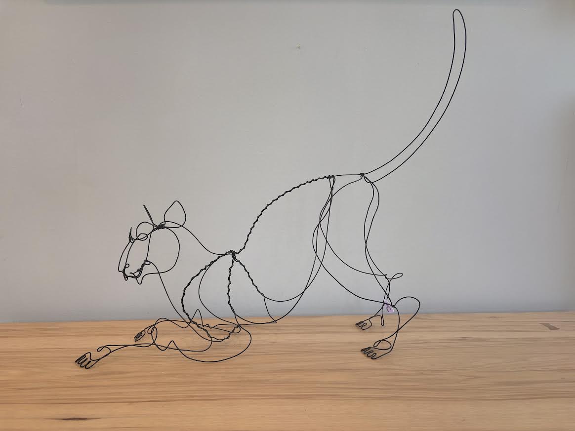 Wire Cat Stretching Sculpture 22x20"