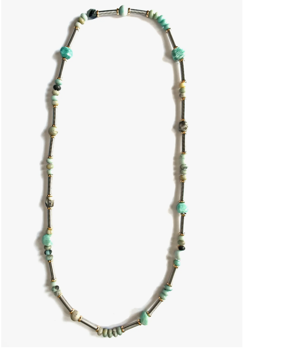 Sea- Neck- SH42B- Lng Amazonite beads W/ slvr wire