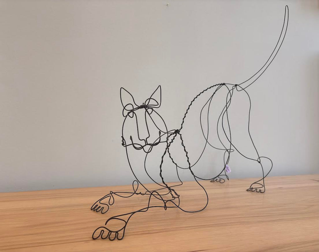 Wire Cat Stretching Sculpture 22x20"