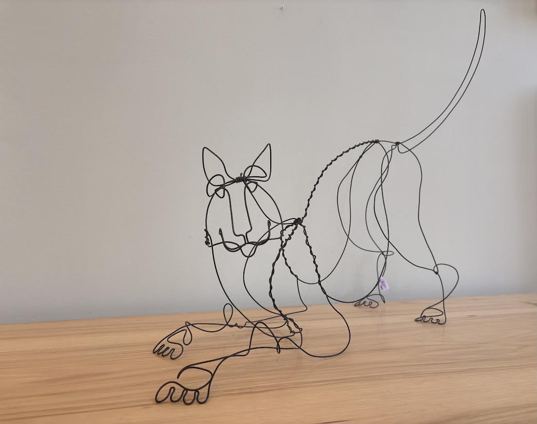 Wire Cat Stretching Sculpture 22x20"