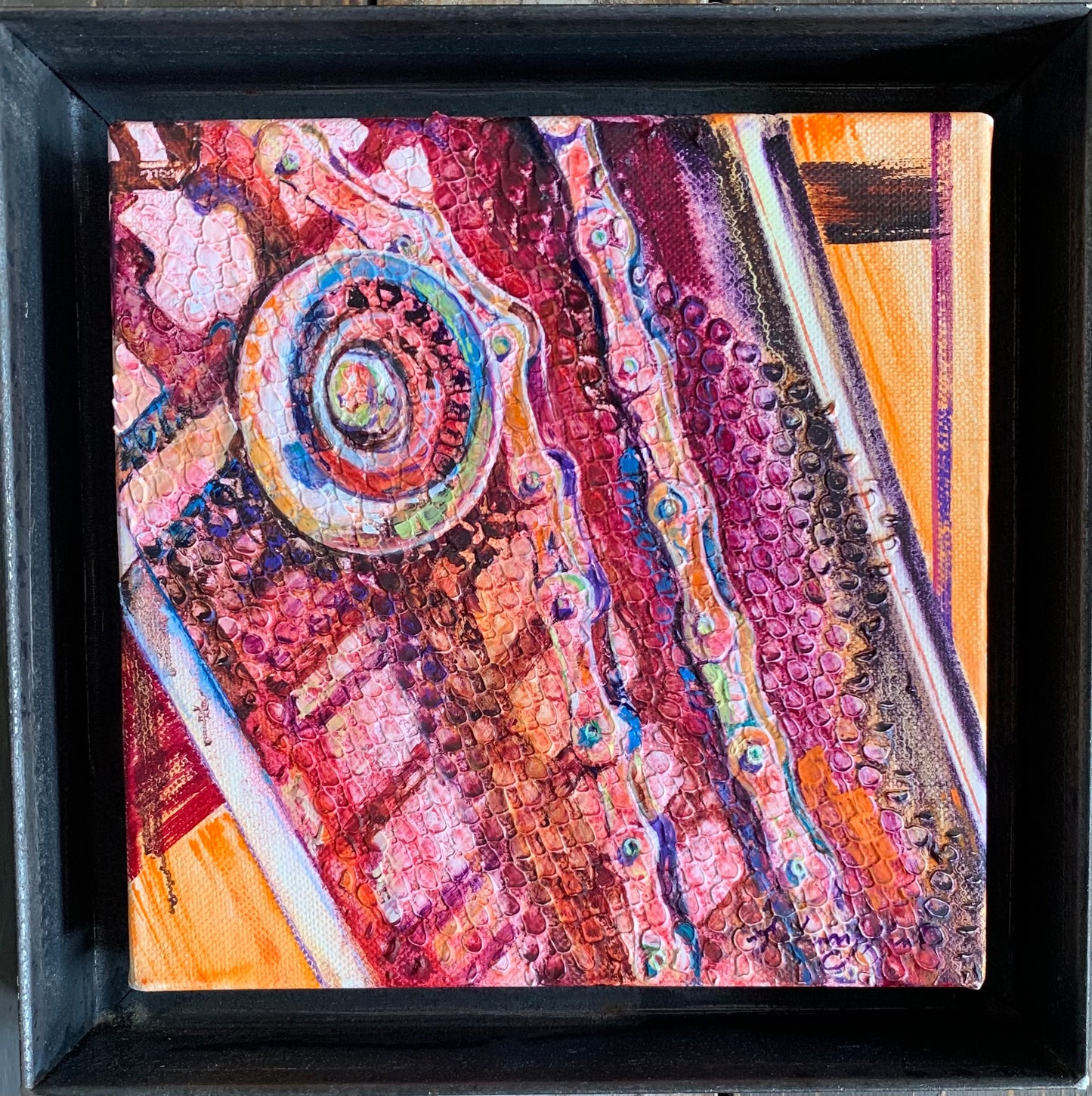 Barb-Art-"Doppelganger Digger"-8X8-oil on canvas, iron frame-Barb Karst